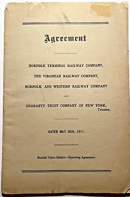 1911 Operating Agreement Norfolk Virginian Railways & Guaranty Trust Of Ny 7e • $16.95
