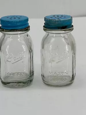 Vintage Small Ball Mason Jar Salt & Pepper Shaker Set Glass Mini Blue Tops • $16.20