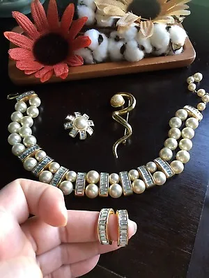 Rare Vintage S.a.l.o Pearl & Rhinestone Necklace+earrings+free Brooch&earring • $145