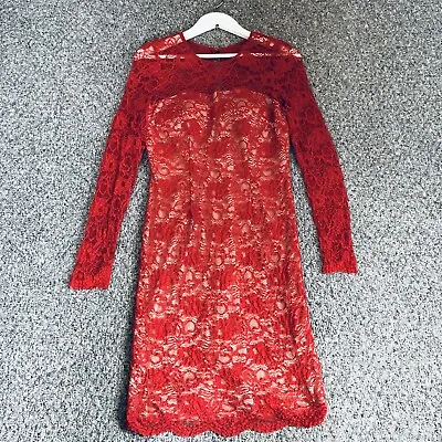 Jax Lace Pencil Dress Womens 6 Red Ladies Round Neck Long Sleeve Party Evening • £7.49