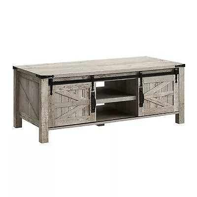 OKD Farmhouse 48 Inch Coffee Table With Sliding Barn Doors Light Rustic Oak • $167.39