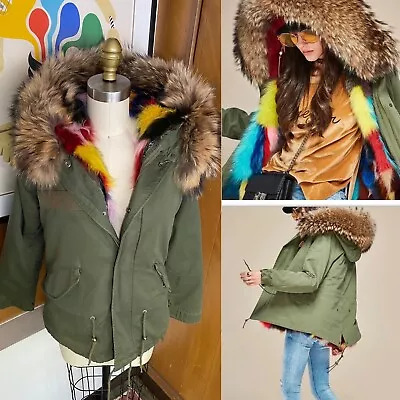 MAOMAOKONG Real Fox Racoon Fur Hood Collar Jacket Sz S Multicolor Canvas Army • $345