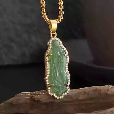 Vintage Religious Virgin Mary Jade Cubic Zirconia Pendant & 24 Chain Necklace • $13.99