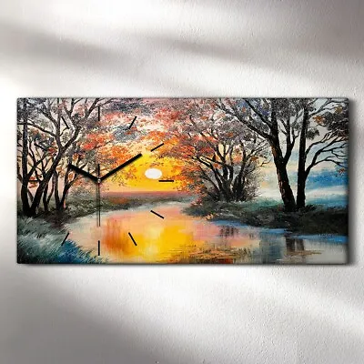 £43.95 • Buy Silent Clock 60x30 Canvas Wall Art Sunset Forest Painting Trees Sun Lake