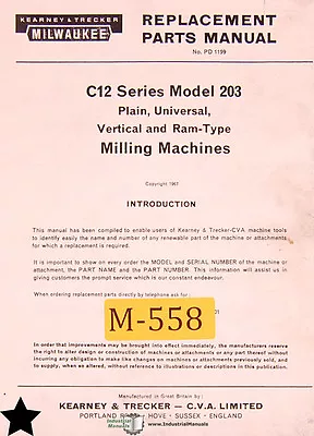 Kearney Trecker Milwaukee C12 Series Model 203 Milling Machine Parts Manual • $40