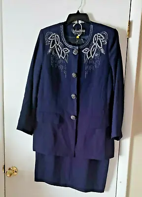 Moshita Couture Size 14 Women Lined Business Evening 2pc Suit Navy Blue Buttons • $85.99