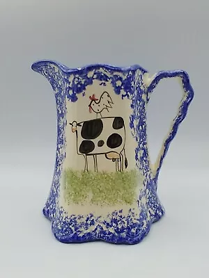 Molly Dallas Blue Spatterware Pitcher Cow With Chicken  6 1/2  • $22