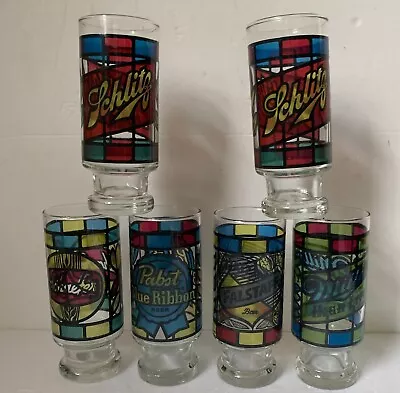6 Vntg Beer Glasses Stained Glass 1970s Shaeffer Miller Pabst Schlitz  Falstaf • $29.99