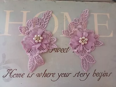  2  Lilac Lace Applique Flower 5 Inches X 2.5 Inches • £2