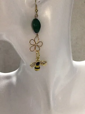 Handmade With Vintage Pieces Rhinestone Bumble Bees Green Bead Earrings • $10