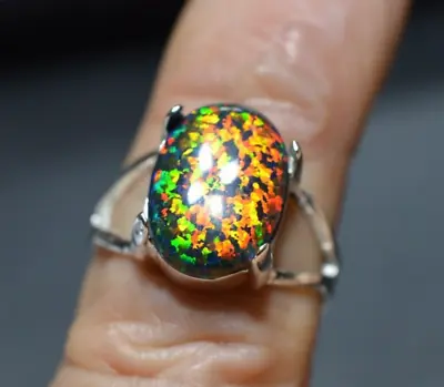 3.78 Ct Aaaa Large Australian Black Opal Lab Created 925 Sterling Silver Ring • $59.99