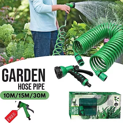 10m/15m/30m Retractable Coil Hose Pipe Reel Water Spray Gun Nozzle Garden Patio • £17.99