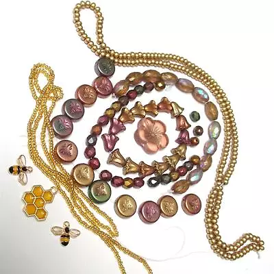 GOLD AB Czech Glass Honey Bee Faceted  Oval Tulip Seed + Charms Collection • $0.99