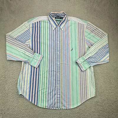 Nautica Easter Shirt Mens Large Multicolor Striped 80's 2 Ply Preppy Vintage Y2K • $24.88