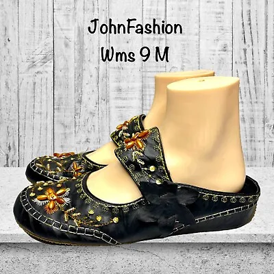 JohnFashion Womens Black Beaded Embroidered Mary Jane Boho Mule Flat Size 9 • $24.99