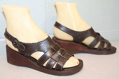 5 NOS Vtg  70s 6 Sandal Shoe Wood Wedge Block Heel Brown Leather 3-STRAP WOVEN • $50.57