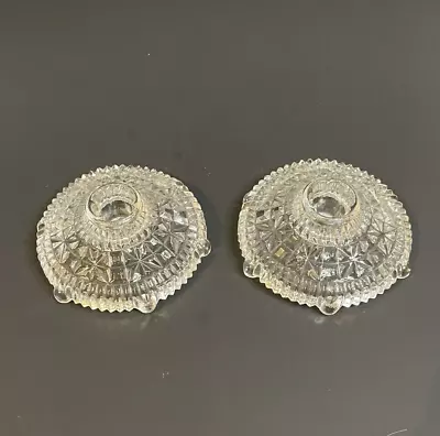 2 Vtg Anchor Hocking Cut Glass STARS And BARS THOUSAND LINE Candlestick Holders • $18