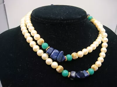 Vintage Faux Pearl Jade Lapis Gold Bead Necklace Estate • $35