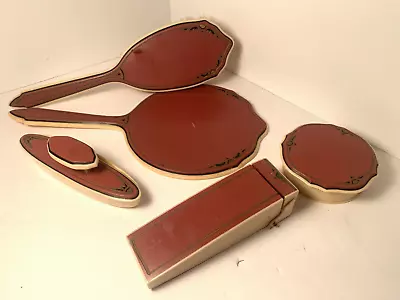 Vintage Celluloid Dresser Set Art Deco Tan Burgandy Vanity Set Collectible • $19.99