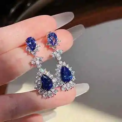 3.20Ct Pear Cut Lab Created Tanzanite Drop/Dangle Earrings 14K White Gold Plated • £110.71