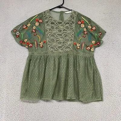 $24.95 • Buy Zara Top Womens XS Boho Embroidered Floral Sheer Babydoll Lace Cottage Peasant
