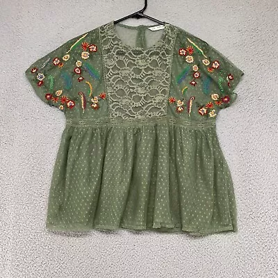 Zara Top Womens XS Boho Embroidered Floral Sheer Babydoll Lace Cottage Peasant • $22.45