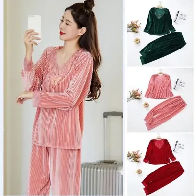 2Pcs Women Velvet Sleepwear Pajamas Sets Sweet Princess Nightwear Top+Pants • $44.08