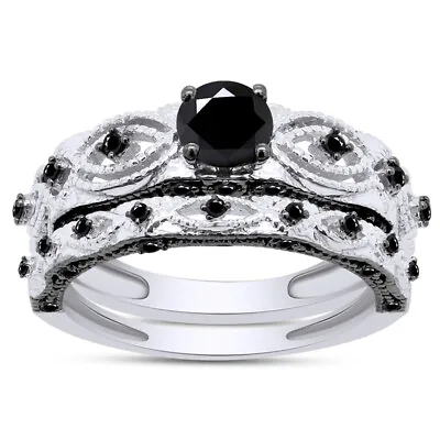 Simulated Round Black Spinal Vintage Design Wedding Ring Set 925 Sterling Silver • $226.85