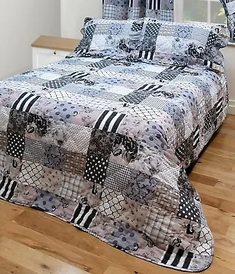 £42.99 • Buy Patchwork Grey Bedspread Set Quilted Floral Stripes Polka Dot Check White Black