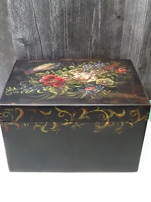 Large Vtg Hand Painted Writing Document Storage Box Desk Wood Floral W Insert • $147