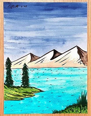 CHRIS ZANETTI Original Watercolor Painting Snow Mountain Lake Landscape 8 X6 Art • $8.99