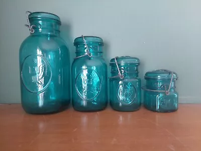 Vintage Ideal Ball Jars Bicentennial Canister Set 4 Eagle Wire Bail Aqua • $79.20