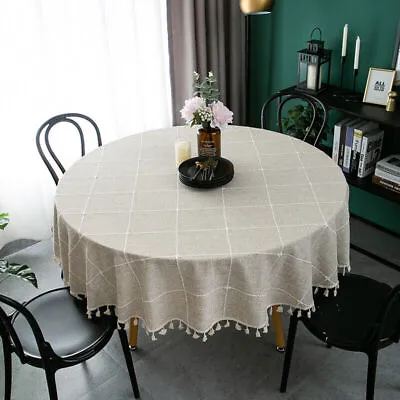 Table Cloth Wrinkle Free Stitching Tassel Cotton Linen Washable Round Tables • $17.84