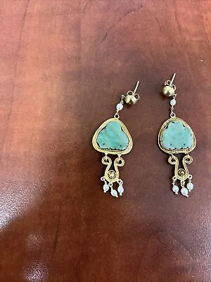 Vintage Chinese Green Jadeite Buddha White Pearls Gilt Filigree Earrings • $135
