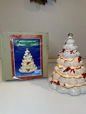 Vintage Ceramic White Lighted Christmas Cardinal Tree Gold Trim 8.5  Xmas World • $50