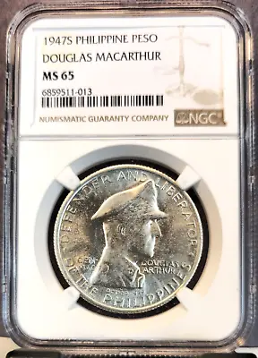 1947 Philippines Silver 1 Peso Douglas Macarthur Ngc Ms 65 Bright Gem Bu • $139.95