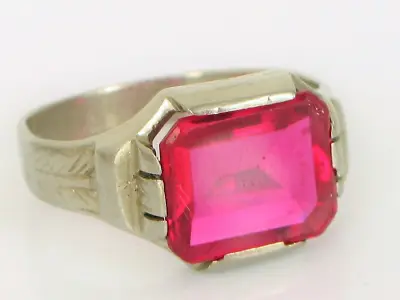 Vintage Beautiful 10k White Gold Men's Red Ruby Signet Ring S10.25 5.8 Grams • $995