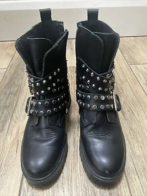 Zara Women Black Leather Chunky Ankle Boots Studs Platform EU 38 UK 5 Used • £16