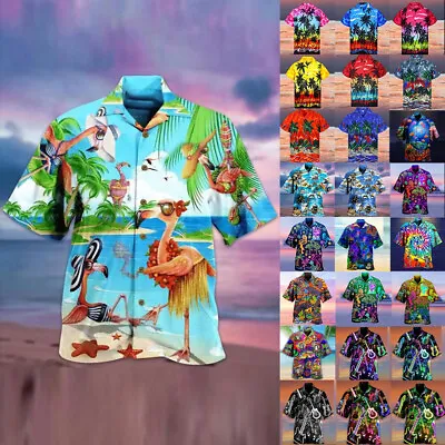 Mens Hawaiian Shirt Stag Palm Tree Aloha Holiday Beach Summer Fancy Party Blouse • £10.19