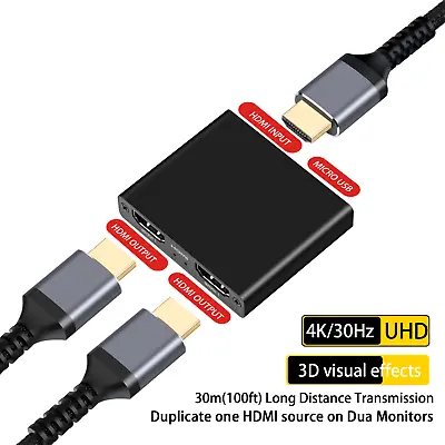 HDMI Splitter 1 In 2 Out 4KUHD HDMI Splitter For Dual Monitors Duplicate/Mirror • $10.70