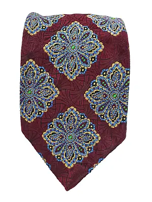 Robert Talbott Seven Fold Silk Tie Burgundy W/Multicolored Medallions 61  X 3.5  • $49.99