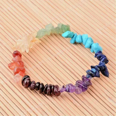 Natural Mens Ladies Mix Gemstone Chip Stretch Bracelet Chakra Healing UK • £3.49