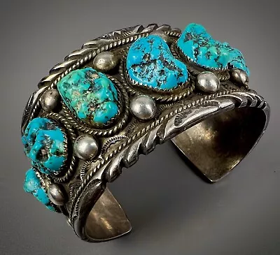 HUGE Vintage Navajo Sterling Silver Kingman Turquoise Nugget Cuff Bracelet HEAVY • $547