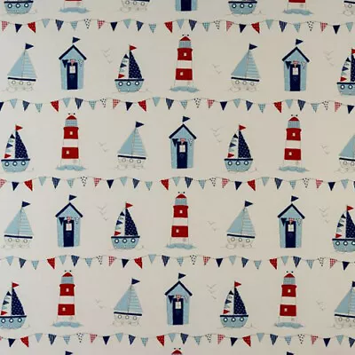 Fryetts Wipe Clean Tablecloth Cotton Oilcloth PVC Sail Boats And Beach Huts Blue • £7.99