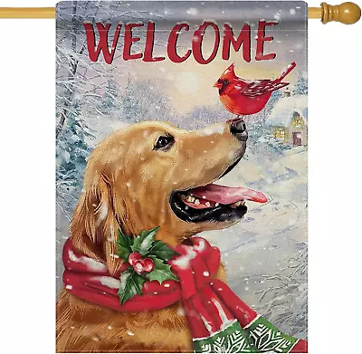 Welcome Winter Golden Retriever Dog Decorative House Flag Puppy Cardinal Red Pe • $15.28