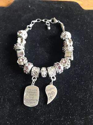 Mother & Daughter Heart Charm  Bracelet Clear & Pink Rhinestone Stainless Steel • $14.99