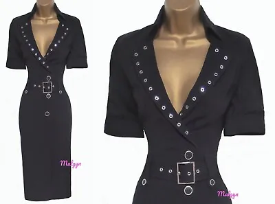 Karen Millen ✩ Classic Black Belted Eyelet Military Shirt Style Dress ✩ Uk 14 • £79.99