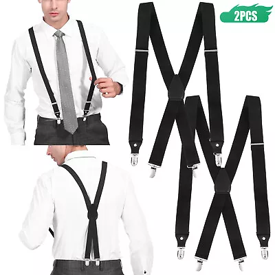 2 Pcs Mens Adjustable Braces Suspenders Black X-Shaped Heavy Duty Biker Trousers • $13.48