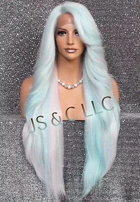 Human Hair Blend Long Lace Front Wig Layered Wavy Baby Blue Pink Mix Heat OK RPU • $89.94