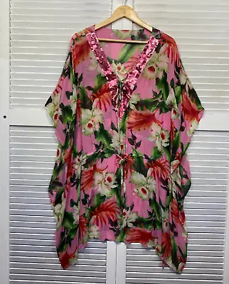 Kaftan Silk Top Womens One Size Pink Floral Drawstring Waist Sequins Ladies • $39.95